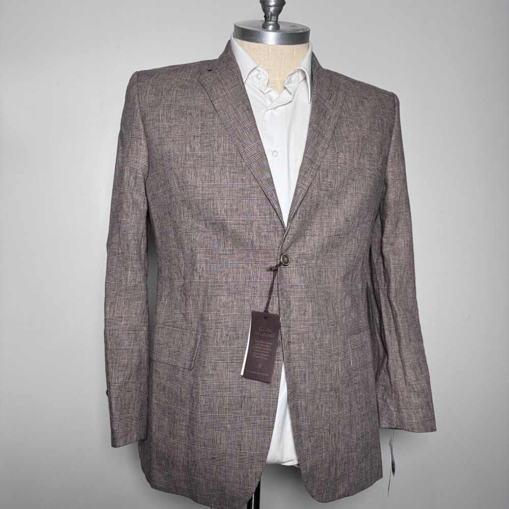 Tasso Elba Island Blazer Mens Large Brown Glen‎ Check Linen Cotton Sport Coat